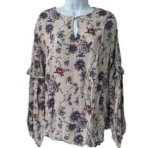 4our Dreamers Keyhole Neck Floral‎ Print  Ruffle Sleeves Top